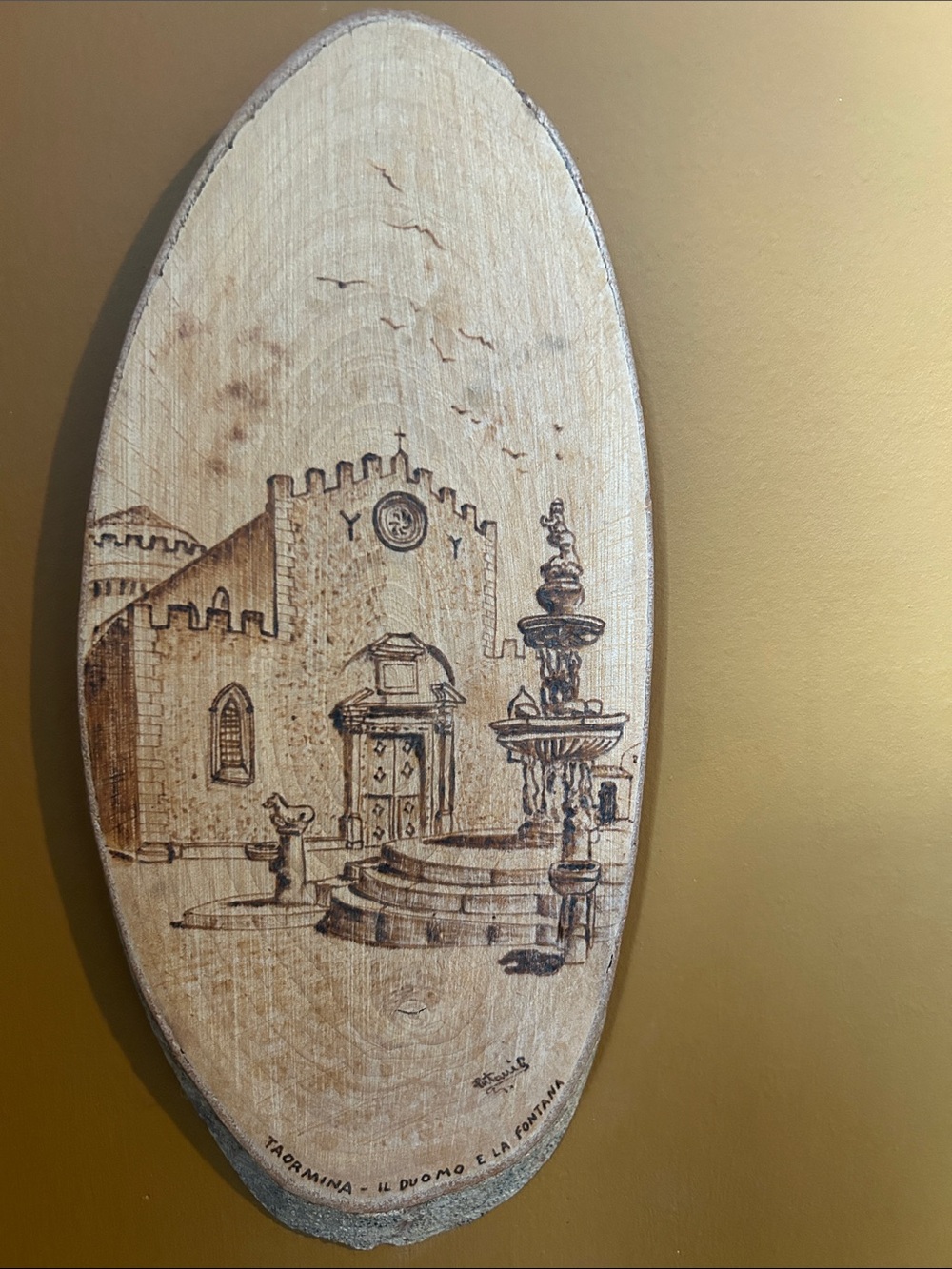 Wood-Burned Oval Wall Art - Natural Wood Tone